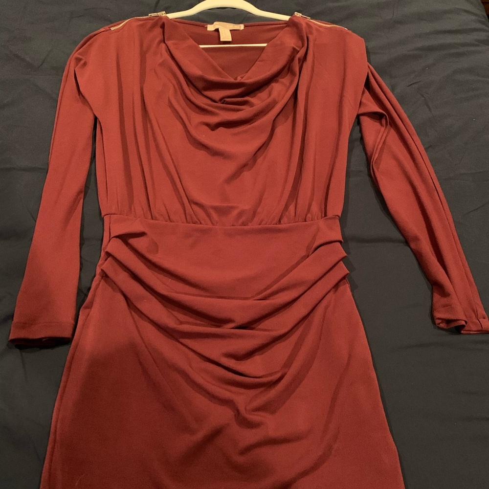 Burgundy Zipper Shoulder Long Sleeve Dress